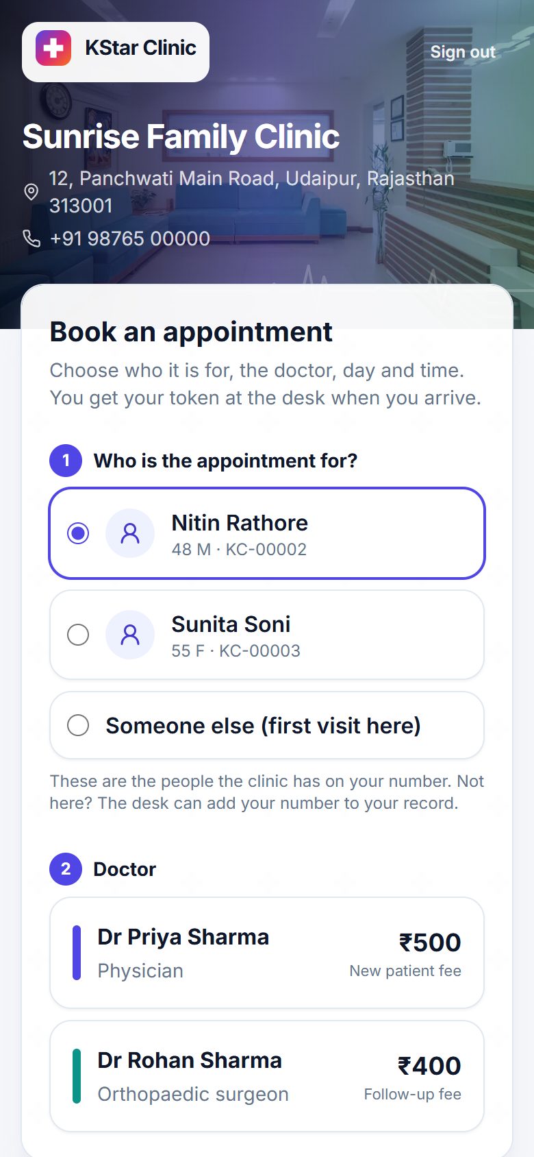 Patient booking screen on a phone